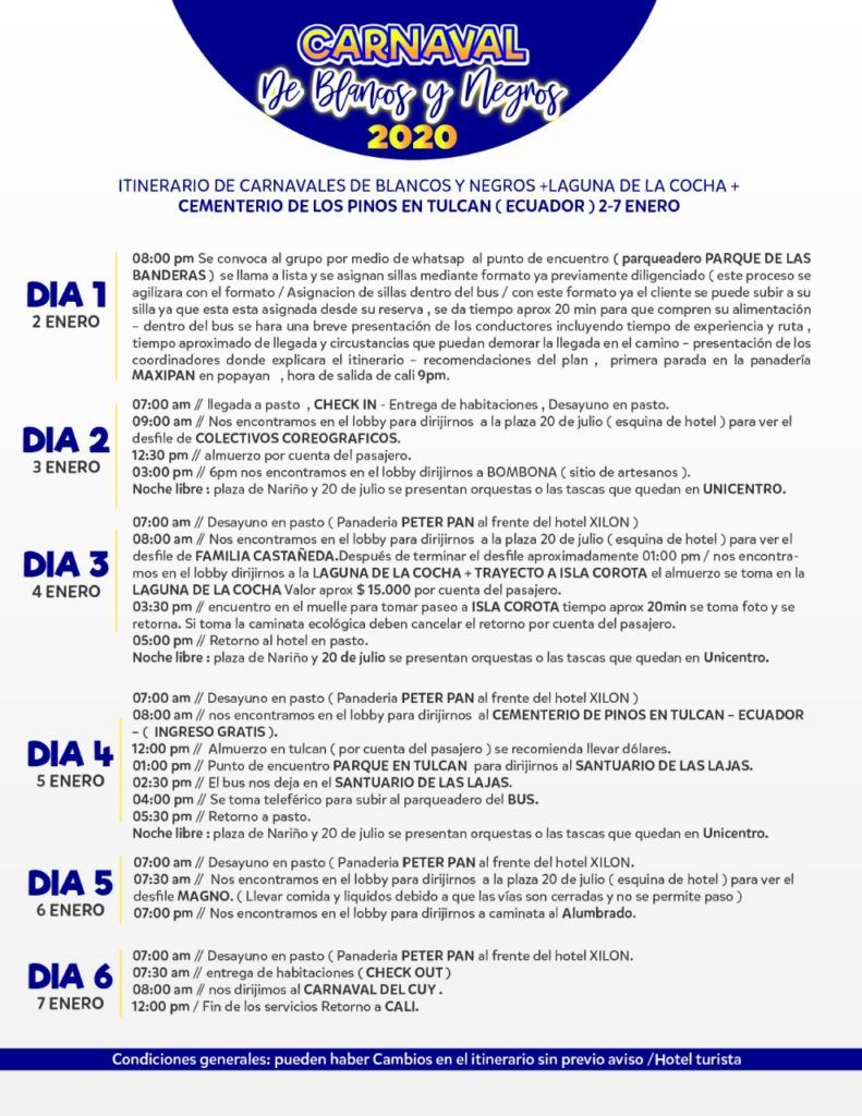itinerario plan carnavales de blancos y negros pasto 2020